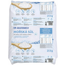 Mořská sůl Marimex pro bazény a vířivky, granulovaná, přírodní kvalita, antibakteriální a rychle rozpustná, pytel o hmotnosti asi 25 kilogramů.