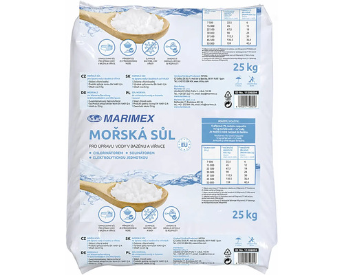 Mořská sůl Marimex pro bazény a vířivky, granulovaná, přírodní kvalita, antibakteriální a rychle rozpustná, pytel o hmotnosti asi 25 kilogramů.