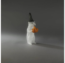 Halloweenská dekorativní figurka myši s čarodějnickým kloboukem a dýní z akrylu.