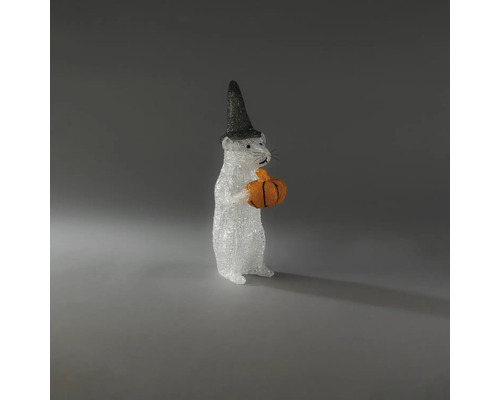 Halloweenská dekorativní figurka myši s čarodějnickým kloboukem a dýní z akrylu.