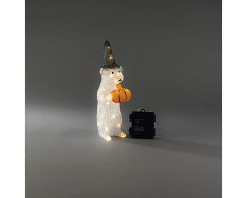 LED dekorační figurka myš s čarodějnickým kloboukem a dýní, na baterie.
