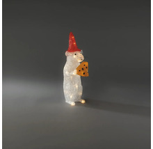 LED vánoční figurka myš s červenou čepicí a sýrem, osvětlená vánoční dekorace.