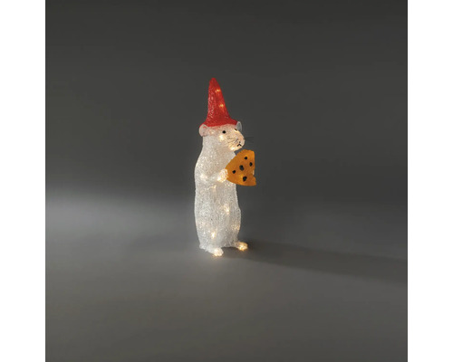 LED vánoční figurka myš s červenou čepicí a sýrem, osvětlená vánoční dekorace.