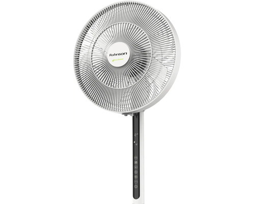 Bílý stojanový ventilátor Rohnson Natural Breezer z plastu s digitálním displejem a dotykovým ovládacím panelem.