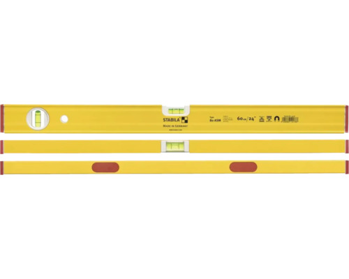 Žlutá vodováha Stabila typ 80 ASM, 60 centimetrů, magnetická, s horizontální a vertikální libelou.