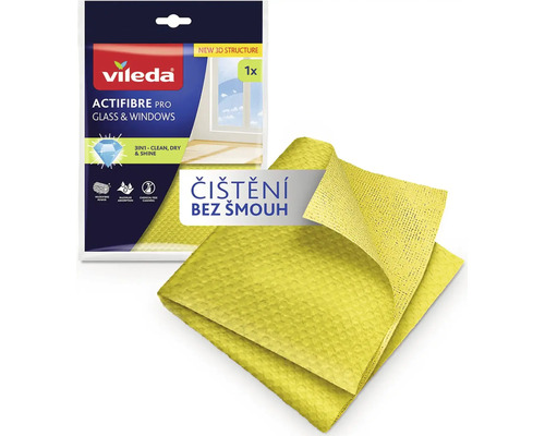Žlutá mikrovláknová utěrka Vileda Actifibre Pro Glass a Windows s trojrozměrnou strukturou pro čištění skel a oken beze šmouh.