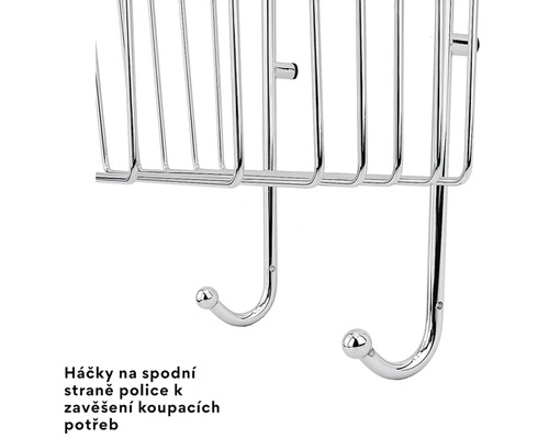 Háčky na spodní straně sprchové police pro zavěšení koupelnových doplňků.