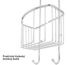 Hluboký drátěný košík do sprchy z chromovaného kovu se dvěma háčky.