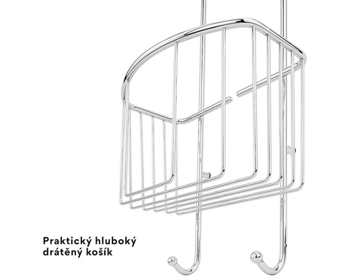 Hluboký drátěný košík do sprchy z chromovaného kovu se dvěma háčky.