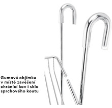 Detail závěsného háčku sprchového košíku s gumovou objímkou pro ochranu skla.