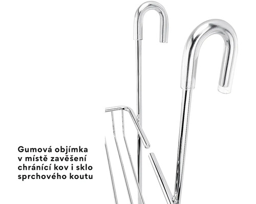 Detail závěsného háčku sprchového košíku s gumovou objímkou pro ochranu skla.