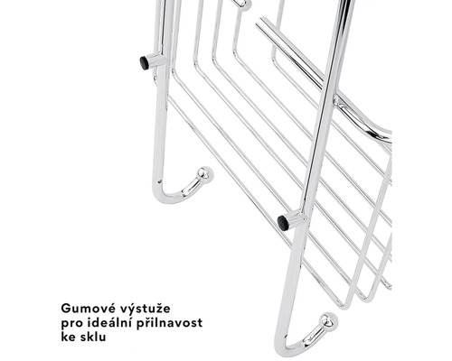 Detail chromované sprchové poličky s gumovými výztuhami pro přilnavost ke sklu a integrovanými háčky.