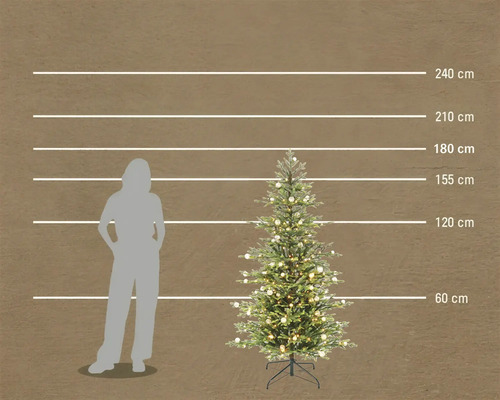 Umělý vánoční strom s osvětlením ve srovnání velikosti s lidskou siluetou, výška 155 centimetrů.