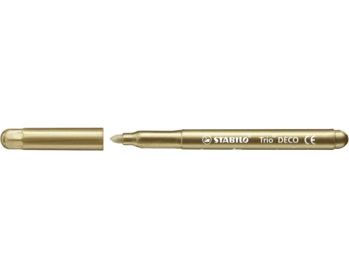 Fix Stabilo Trio DECO metalická zlatá se sejmutým víčkem a označením CE.