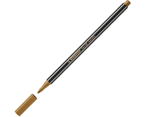 Fix Stabilo Pen 68 metallic se zlatým vláknovým hrotem a šestihranným tělem. Víčko je sejmuté.