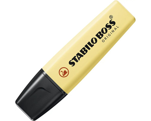 Zvýrazňovač Stabilo Boss Original v pastelově žluté barvě s černým víčkem.