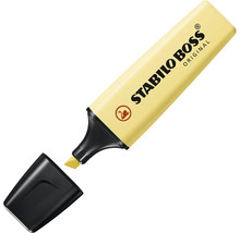 Zvýrazňovač Stabilo Boss Original v pastelově žluté barvě s odstraněným víčkem a klínovým hrotem.
