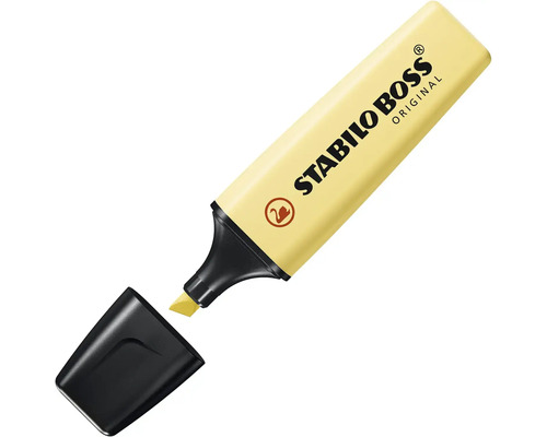 Zvýrazňovač Stabilo Boss Original v pastelově žluté barvě s odstraněným víčkem a klínovým hrotem.