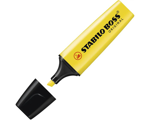 Žlutý zvýrazňovač Stabilo Boss Original s otevřeným víčkem.