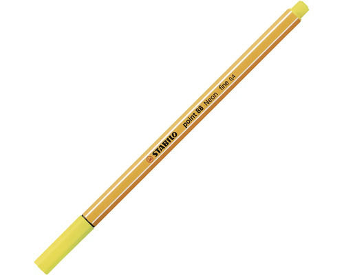 Liner Stabilo Point 88 Neon v neonově žluté barvě s tloušťkou čáry 0,4 milimetru, šestihranné tělo s bílými pruhy.