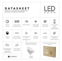 Technický list pro LED zrcadlo se specifikacemi: stmívač, dotykový senzor, 3000 až 6500 Kelvinů, životnost 50 000 hodin a stupeň krytí IP 44. Logo NIMCO.
