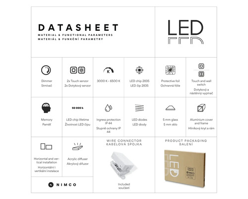 Technický list pro LED zrcadlo se specifikacemi: stmívač, dotykový senzor, 3000 až 6500 Kelvinů, životnost 50 000 hodin a stupeň krytí IP 44. Logo NIMCO.