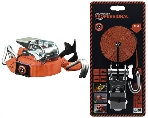 Upínací popruh Quickloader Professional Hybrid s ráčnovým mechanismem a dvojitými háky.