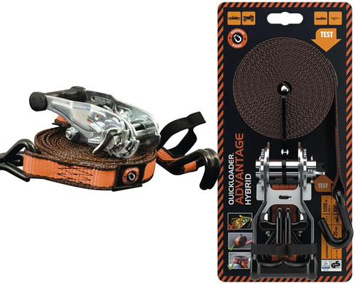 Upínací popruh Quickloader Advantage Hybrid s ráčnovým mechanismem a kovovými háky.