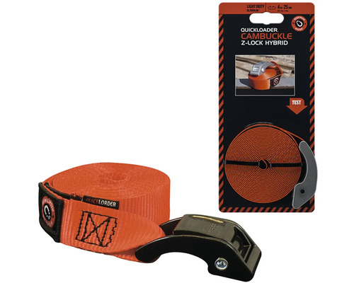 Upínací popruh Quickloader Z-Lock Hybrid, 4 metry krát 25 milimetrů, oranžový, se svěrnou přezkou a magnetem.