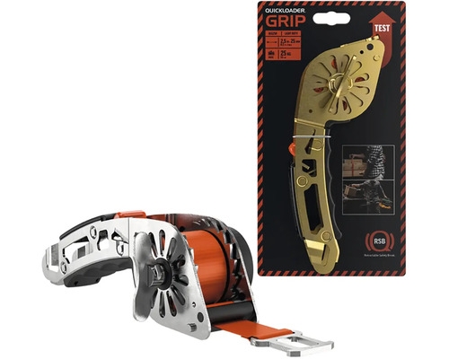 Automatický upínací popruh Quickloader Grip s ráčnou, délka 2,5 metru, šířka 25 milimetrů, nosnost 25 kilogramů, s ergonomickou rukojetí.