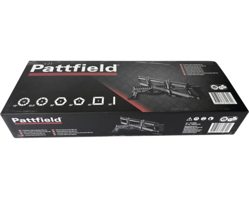 Přesná pokosová pila Pattfield 550 mm v obalu s úhly od 15 do 90 stupňů a pečetí pro ověřenou bezpečnost.
