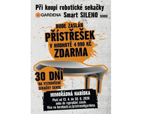 Přístřešek v hodnotě 4990 korun zdarma k robotické sekačce Gardena Smart SILENO SENSE. 30 dní na vyzkoušení. Gardena Logo.