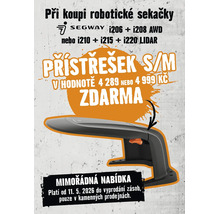Akční leták na robotické sekačky Segway: Při koupi vybraných modelů získáte přístřešek velikosti S nebo M zdarma. Segway Logo.