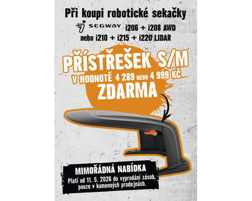 Akční leták na robotické sekačky Segway: Při koupi vybraných modelů získáte přístřešek velikosti S nebo M zdarma. Segway Logo.