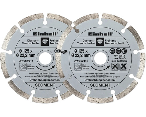 Dva segmentové diamantové řezné kotouče Einhell s Einhell Logo, průměr 125 milimetrů, pro suché řezání betonu a žuly.