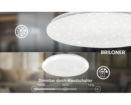 Stropní LED svítidlo Briloner s efektem hvězdné oblohy, stmívatelné vypínačem na 100 procent, 50 procent a 10 procent. Briloner Logo.