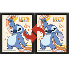 Trojrozměrný lentikulární obraz v černém rámu s tančící postavičkou Disneyho Stitche, nápisem Let s Dance a retro prvky.
