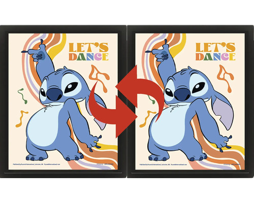 Trojrozměrný lentikulární obraz v černém rámu s tančící postavičkou Disneyho Stitche, nápisem Let s Dance a retro prvky.