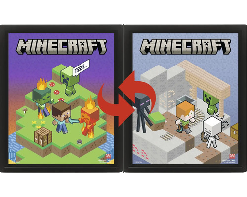 Sada rámů Minecraft se dvěma černými rámy a oboustrannými plakáty Steva, Alex a dalších herních postav.