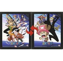 Lentikulární plakát One Piece v černém rámu s měnícím se efektem, zobrazuje různé postavy a One Piece Logo.