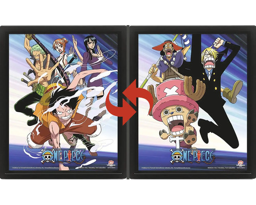Lentikulární plakát One Piece v černém rámu s měnícím se efektem, zobrazuje různé postavy a One Piece Logo.