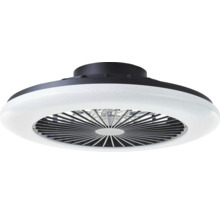Moderní stropní ventilátor s integrovaným LED osvětlením, kruhový design, plastové pouzdro s lamelovou mřížkou.