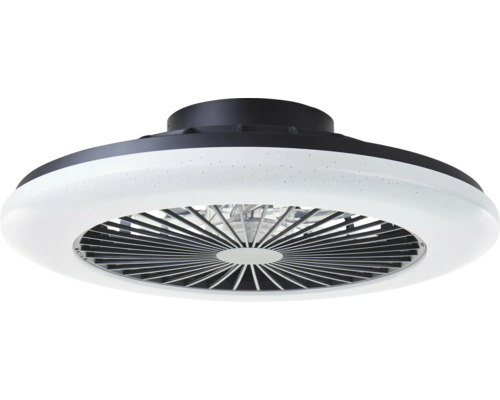 Moderní stropní ventilátor s integrovaným LED osvětlením, kruhový design, plastové pouzdro s lamelovou mřížkou.