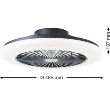 Černý stropní ventilátor s bílým LED osvětlením, průměr 485 milimetrů, výška 137 milimetrů.