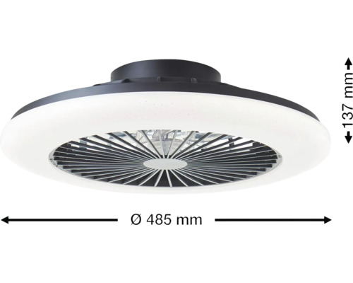 Černý stropní ventilátor s bílým LED osvětlením, průměr 485 milimetrů, výška 137 milimetrů.