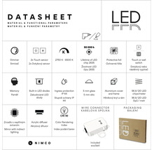 Technický list LED zrcadla: stmívač, dotykový senzor, 2750 až 6500 Kelvinů, ochrana IP 44, hliníkový rám, životnost 50000 hodin, NIMCO Logo.