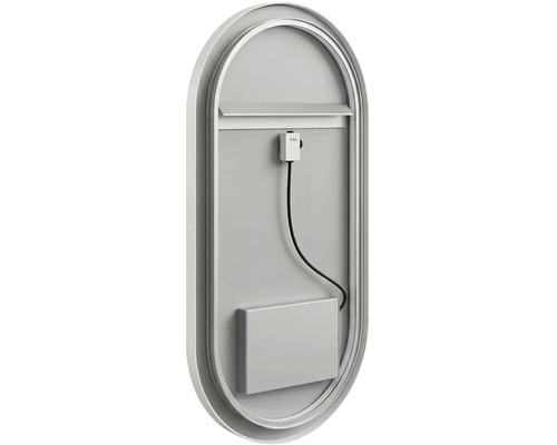 Zadní pohled na oválné zrcadlo s kovovým rámem, obsahující elektrický kabel a kryt pro instalaci.