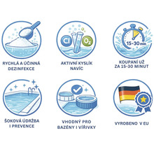 Údržba bazénu: Dezinfekce, kyslík, koupání za 15 až 30 minut, šoková údržba, pro bazény a vířivky, vyrobeno v Evropské unii.