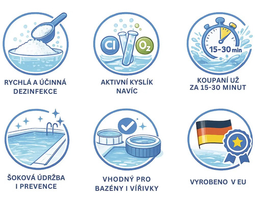 Údržba bazénu: Dezinfekce, kyslík, koupání za 15 až 30 minut, šoková údržba, pro bazény a vířivky, vyrobeno v Evropské unii.