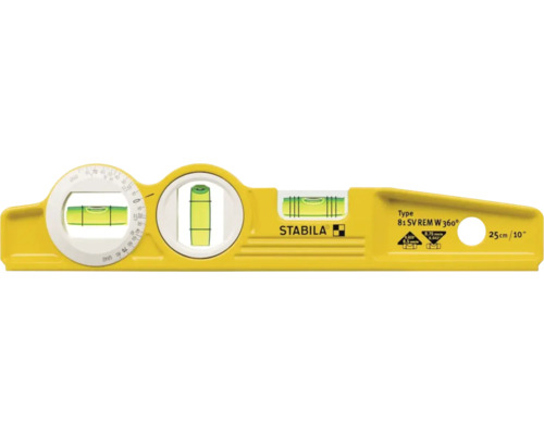 Vodováha Stabila typ 81 SV REM W 360 stupňů, 25 centimetrů, se třemi libelami včetně jedné otočné libely.